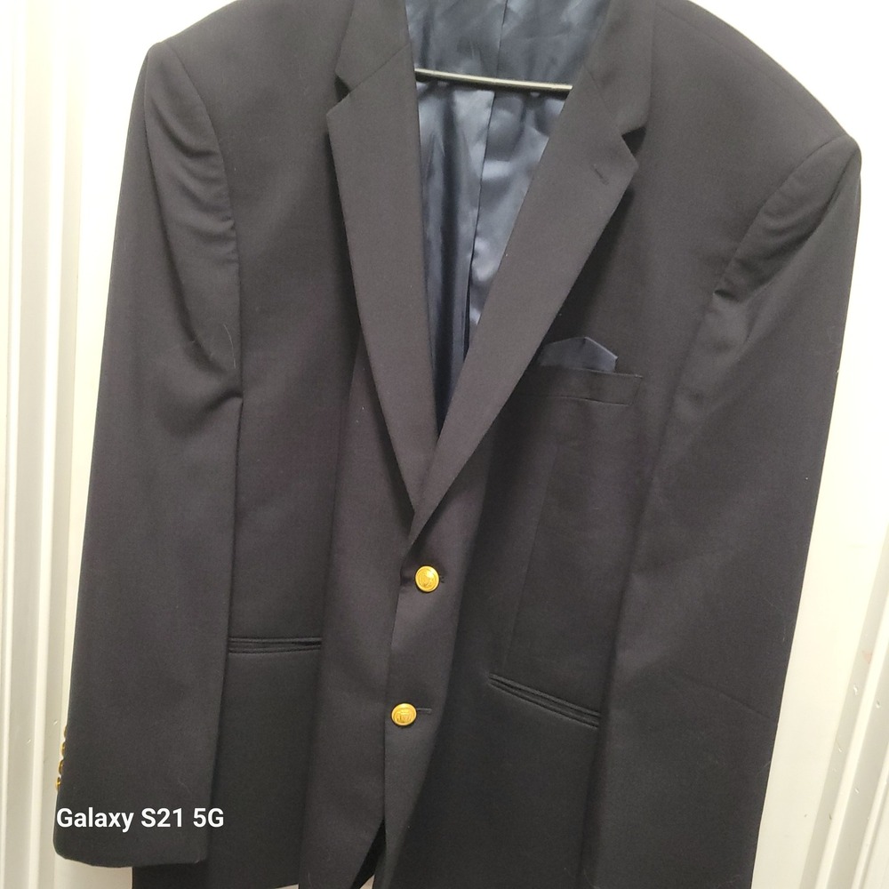 Jos A Bank Mens Navy Blue Wool Blend 2 Button Blazer Gold Crest Buttons 54R